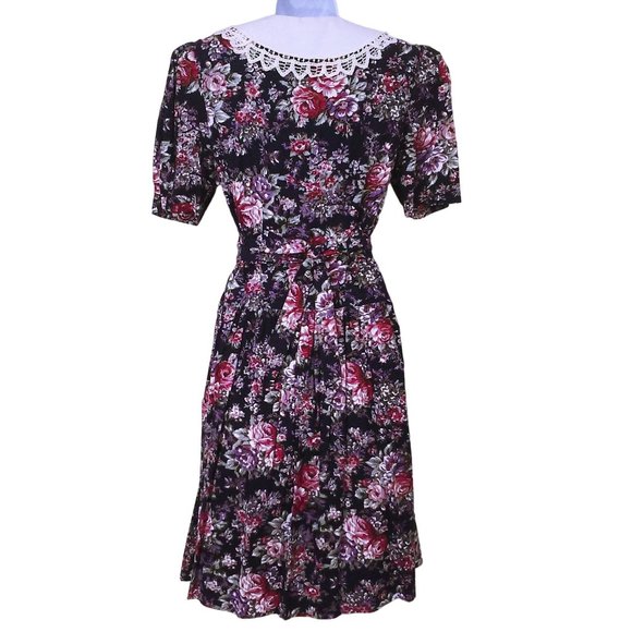 80's Brandywine Creek Dark Floral Prairie Dress Granny Lace Collar 9/10 Puffy SS - Picture 8 of 12